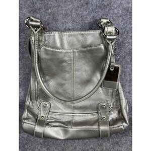 Sophia Caporelli Shoulder Bag Womens Silver Leather Hobo Tote Leopard Lining